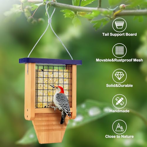Gbekery Wooden Suet Bird Feeder for Outside Hanging, Woodpecker Suet Feeder with Tail Prop, Hanging Bird Feeder for Wild Birds, 1 Pack, Blue - color: Blue