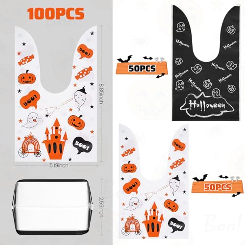 100PCS Halloween Treat Bags with Bunny Ear Ties, Ghost Castle Designs | Thick plastic goodie bags, 2 Halloween designs, ideal for candy, party favors, classroom exchanges and trick-or-treat - color: White & Black