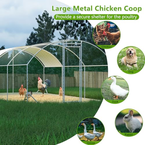 Large Metal Chicken Coop, Dome Walk-in Chicken Run with Waterproof UV-Resistant Cover for Outdoor Yard & Farm, Poultry Cage Pen for Chickens, Ducks & Rabbits, 19.7 FT x 9.8 FT x 6.6 FT, Silver - size: 19.7 FT x 9.8 FT x 6.6 FT