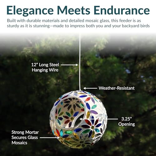 Sunnydaze Mosaic Glass Bird Feeder, Fly-Through, Rainbow Daisies | 6" Small Unique Hanging Bird Feeder for Outdoors, Drainage Hole, Weather-Resistant, Birdfeeder for Cardinals, Jays, & Finches - color: Rainbow Daisies Mosaic