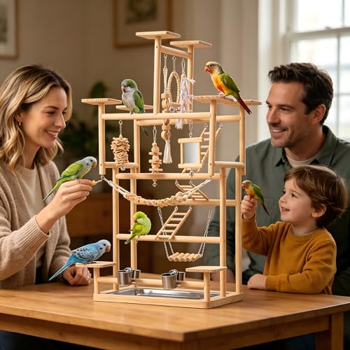 VELVETPAW Bird Playground – 7-Level Natural Wood Parrot Playstand with Feeders & Toys, Modular Two-Tier Bird Play Gym, Detachable Top Tabletop Stand & Detachable Top Tabletop Stand
