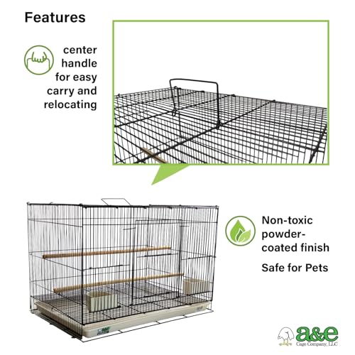 A&E Cage Co 503 Flight Cage – 24"x16"x16" Small Bird Cage with Slide-Out Tray, Wood Perch, Dual Feeding Stations & Carry Handle – Black Powder Coated Cage for Finches, Canaries & Small Birds - color: Black, size: 24.0"L x 16.0"W x 16.0"H
