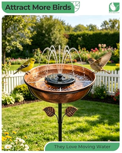 13" Metal Bird Bath with Solar Fountain, Battery & LED | 6.3" Fountain, 4 Fixed Rods, 5 Spray Patterns, 3" Deep Bowl, 1.4 Gallon Capacity, 5-Prong Stake for Flowing Water Feature
