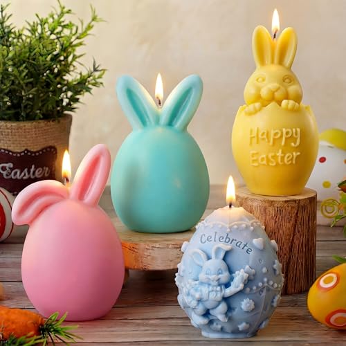 4 Pcs Easter Candles Easter Bunny Egg Votive Candles 4''x2'' Spring Pastel Real Wax Smokeless Flower Fruit Scented Tealights Drip-Free Rabbit Gift for Home Table Centerpiece Party Decor