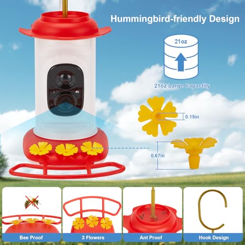 Smart Hummingbird Feeder with 2K HD Camera Auto Capture/Notify, Live View | AI Identify Bird Species, Bird Watching Camera with 3 Feeding Ports for Outdoors Hanging,Instant Notify, Gift for BirdLover
