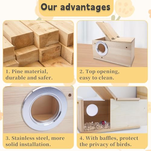 PINVNBY Parakeet Nesting Box, Detachable Board Acrylic Bird House for Cage with Coconut Fiber, Natural Wood Breeding Box for Cockatiel Budgie Lovebirds Conure Finch Parrot (M: 9.8 * 5.3 * 5.3 inch)