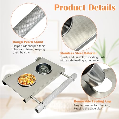Stainless Steel Bird Feeder Hanging Parrot Feeder Bowl with Perch Stand Removable Food and Water Cups Bird Cage Accessories for Parakeet Cockatiel Budgie Conure