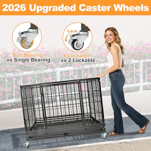 Homey Pet Heavy Duty Dog Crate for Large Dogs, Indestructible Kennel | 47 Inch Stackable Large Dog Cage with Lockable Wheels, Removable Tray & Grid, Multi Locks Strong & Solid Escape Proof - size: 46.5"L x 28.5"W x 35"H