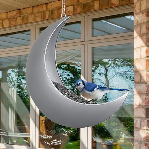 Hanging Moon Bird Feeder – Unique Metal Bird Feeders for Outdoors, Silver Rust-Resistant, – Wild Bird Feeder for Bluebirds, Cardinals, Finches, and Backyard Birdwatching - color: Silver