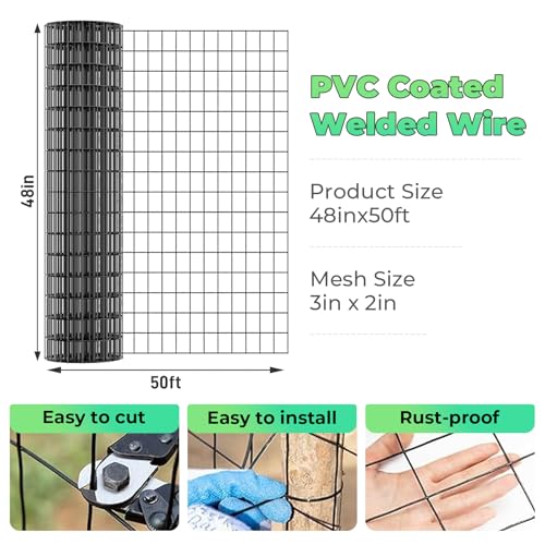 16GA Black PVC Coated Welded Wire Fencing 48 Inch x 50 Foot, 2 Inch x 3 Inch, Garden Border Fencing Roll Vinyl Coating Metal Wire Mesh for Yard Vegetable Plant Protection Poultry Netting - color: Black, size: 48"×50'
