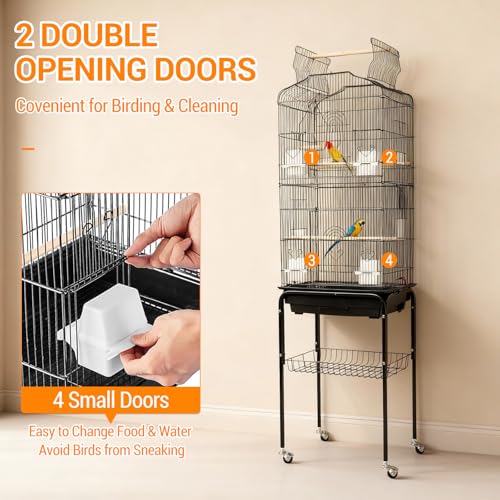 64'' Large Metal Bird Flight Cage with Open Top, Detachable Rolling Stand & Storage Shelf for Parrots, Conures, Lovebirds, Cockatiels, Parakeets, Black