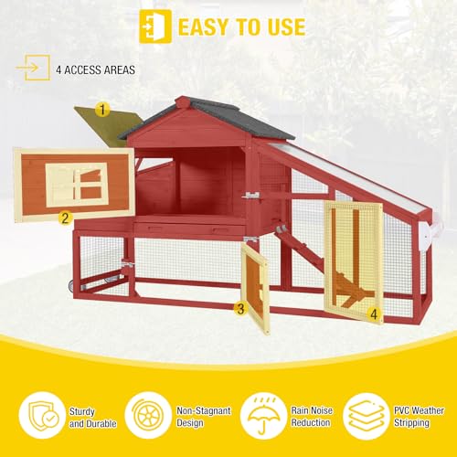 Aivituvin Chicken Coop Expandable Mobile Chicken House for Outdoor with Wheels, Nesting Box, Leakproof Pull-on Tray and UV-Resistant Roof Panel (Red, AIR23) - color: Red, size: 67.3"L x 26.0"W x 39.4"H