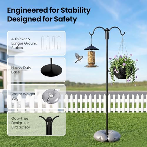 74 Inch Double Shepherd Hooks Stand with Base for Outdoor Bird Feeder Pole | Heavy Duty Double Hook Pole Includes 4 Ground Stakes & Water Bag, Ideal for Hanging Baskets, Wind Chimes, Bird Feeders
