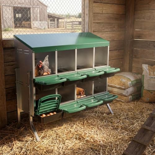GarveeHome 2-Tier Chicken Nesting Box, 8 Compartment Metal Chicken Laying Boxes with Waterproof Roof ＆ Removable Trays for Hens, Poultry，Easy Egg Collection - color: Green, size: 47.2"L x 17.7"W x 35.4"H