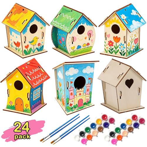 BlockPro 24 Pack Bird House Kits for Kids with Paint & Brushes, DIY Wooden Birdhouse Painting Set, Spring Summer Arts Projects, Educational Craft Gift for Birthday, Party, Parent-Child Activities