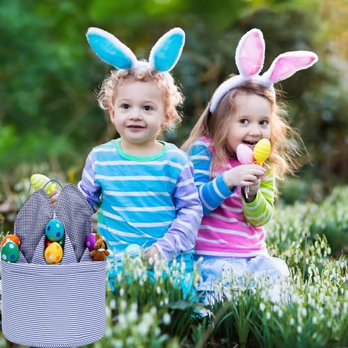 Easter Basket Seersucker Egg Hunt Bunny Baskets for Kids with Cute Rabbit Ears Stripe Storage Gifts Candies Personalized Easter Party Gifts… - color: Seersuck blue