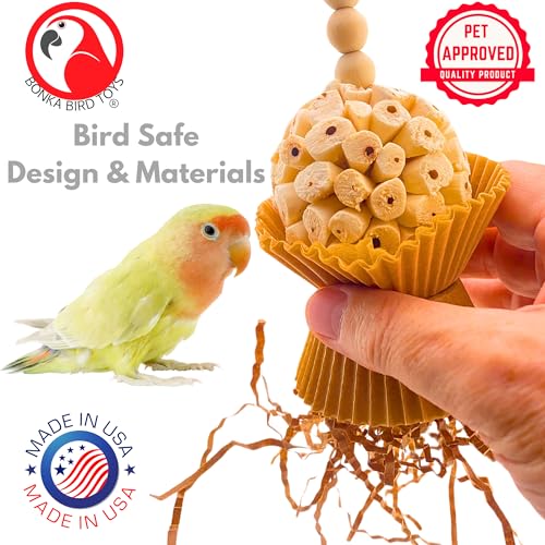 Bonka Bird Toys 1925N Natural Cake Bird Toy – 7" Tall, Lightweight, Bird-Safe Sola Plant Ball Core with Shreddable Cupcake Cups & Wooden Beads – Ideal for Finches, Parakeets, Lovebirds & Small Birds