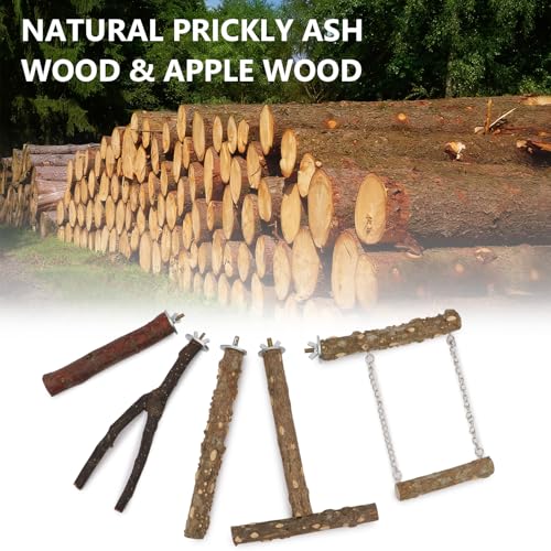 Hypeety Natural Wood Bird Perch for Parakeets Bird Chew Stands for Cage | Natural wood, anti-slip, with hanging swing, fork and T shaped perch, easy to install, suitable for parakeet/cockatiel, 5pcs