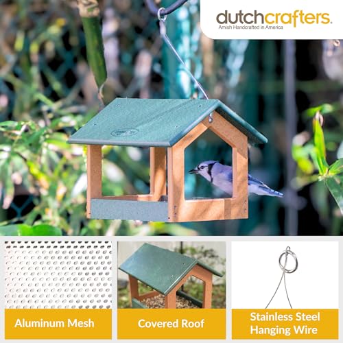 DutchCrafters Amish USA Made Recycled Plastic Large Hanging Modern Fly Through Covered Roof Open Platform Tray Bird Feeder for Outdoors, Garden, Yard (Turf Green & Bright Cedar) - color: Turf Green & Bright Cedar