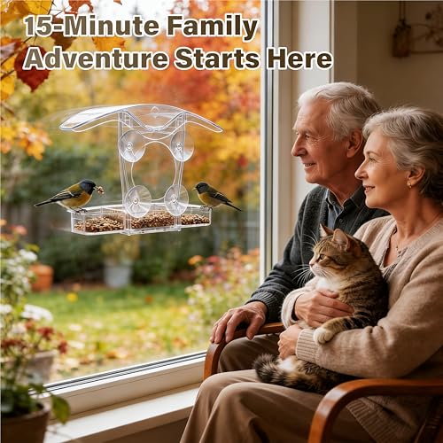 Window Bird Feeder with 5 Acrylic ID Cards - Clear Bird House for Outside with Removable Tray & Drain Holes - 4 Strong Suction Cups, Panoramic View for Wild Birds, Cat TV, Nature Gift