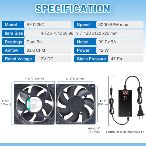 IP68 120mm Waterproof Fan with LED Voltage Display Speed Controller, 110V AC 120mm x 25mm, for DIY Cooling Ventilation Exhaust Projects