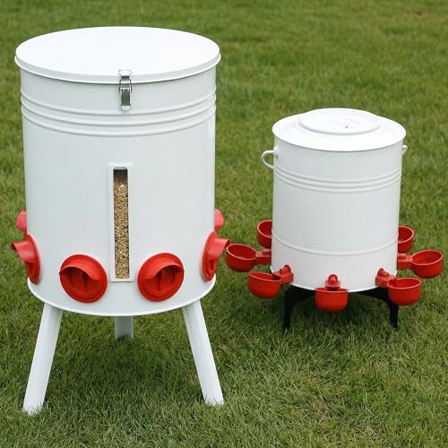 KOL 50 LB Chicken Feeder & 3 Gallon Chicken Waterer Set, All-Metal No-Waste Poultry Feeder & Automatic Gravity Waterer with 8 Ports & 8 Cups Chicken Coop Accessories