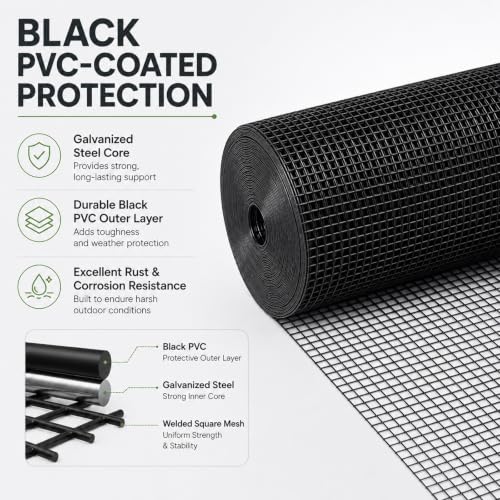 GoldPeak Black Hardware Cloth 1 inch Mesh 48x100 17 Gauge | Vinyl Coated Wire Mesh Roll Chicken Wire Fencing Wire Fence Roll Tree Guard Wire Mesh Fence Rat Wire Garden Fencing - size: 1x1 inch 48''x100'