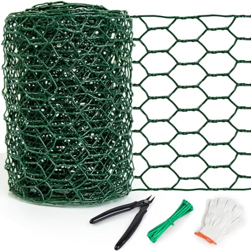 Chicken Wire 4in x 118in with a Pair of Gloves，1 Wire Cutter，50 Pcs Cable Zip Ties, Floral Chicken Wire Mesh 0.8mm Hexagonal Galvanized PVC Coated Garden Netting Fence for Craft Poultry Garden - size: 4in x 118in
