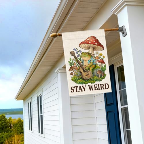 RZHV Stay Weird Double-Sided Garden Flag for Outdoor House Yard Sign Garden Decor Parade, Cute Frog Mushrooms Vertical House Lawn Yard Sign, Housewarming Banner Gifts for Frog Lover Friends Neighbors - color: Weird B