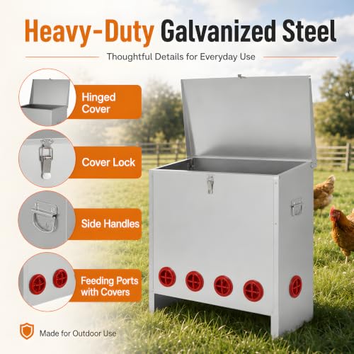 Automatic Chicken Feeder 85-120lbs Capacity, Galvanized Metal Poultry Feeding Equipment, Rainproof & Rodent Proof Large Chicken Food Dispenser for Backyard Coop & Farm Use (10 Ports) - style: 10 Ports(85-120LBS)