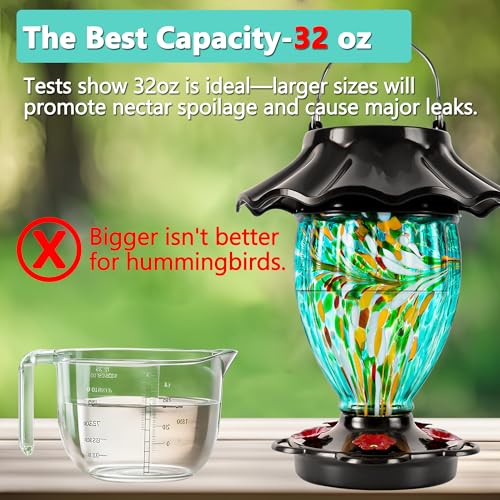 LUJII Solar Powered Color Changing Hummingbird Feeder for Outdoors Hanging, Hand Blown Glass Reservoir, 32 fl.oz, Never Leak, Illuminated Lantern for Garden Decor, for Bird Lover (Teal) - color: Teal