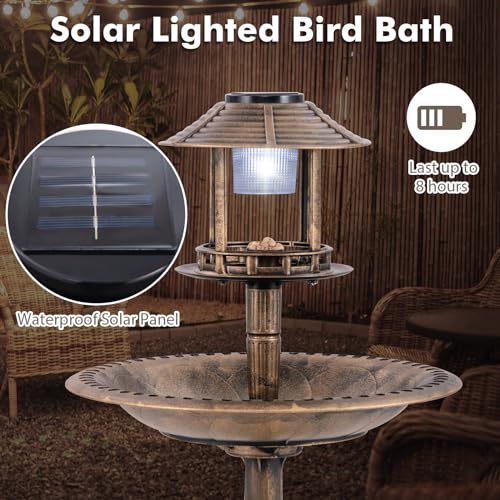 Solar Bird Bath, Pedestal Bird Bath with Bird Feeder, Flower Planter Base, and Solar Powered Lamp, Standing Birdbath for Outdoors, Garden, or Yard, 42 Inch Tall (Bronze) - color: Bronze