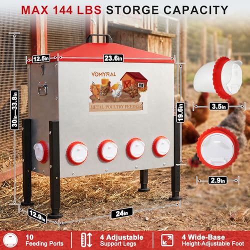 Automatic Chicken Feeder, 130LB Large Metal Poultry Feeder with 10 Ports | No Waste Metal Rat Proof Design With View Window And Adjustable Legs For Chickens, Ducks & Geese. Ideal Chicken Coop Feeder - size: 10 Ports - Max 130 lb