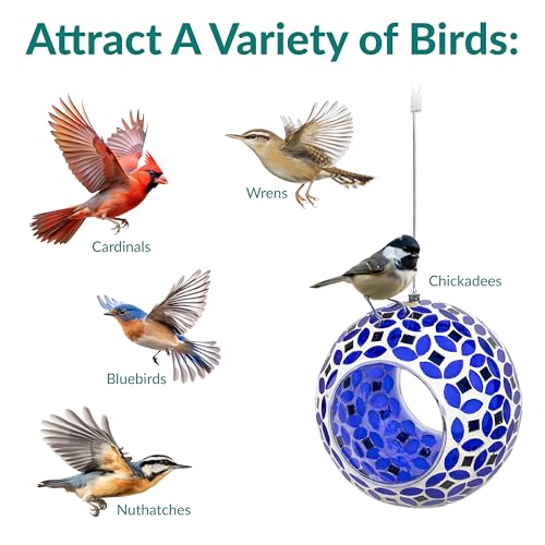 Sunnydaze Mosaic Glass Bird Feeder, Fly-Through, Lavender Mosaic | 6" Small Unique Hanging Bird Feeder for Outdoors, Drainage Hole, Weather-Resistant, Birdfeeder for Cardinals, Jays, & Finches - color: Lavender Mosaic