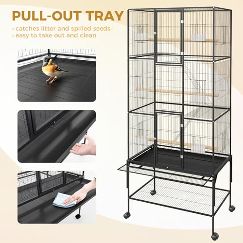 69" H Large Bird Cage, Bird Cage with 3-Tier Platforms, Ladders, Perches, Feeder, Wide Birdcage for Parakeets, Conures, Lovebirds, Quaker, Cockatiels, Budgie, Black - size: 31.5"L x 23.6"W x 65.8"H