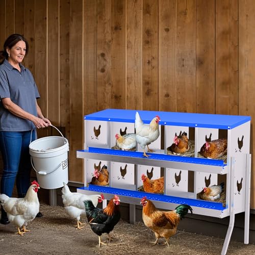 10 Compartment Galvanized Metal Chicken Nesting Box with Support Legs, Easy Install & Clean Roll Out Egg Laying Boxes for Backyard Chicken Coop, Anti-Rust Egg Protection Nest,Blue - color: Blue, size: 10 holes with legs