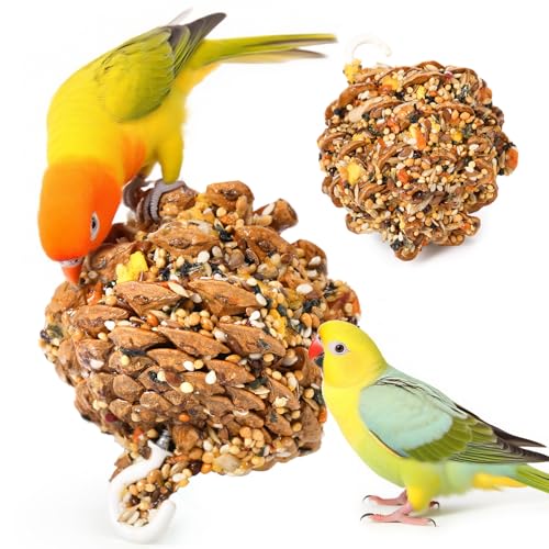 Abizoo Natural Pinecone Chew Toys with Edible Sunflower & Veggies - Malt Sugar Coated Foraging Enrichment for Parrots Cockatiels Conures Budgies Immune & Digestive Support Safe Bird Toy 2pcs
