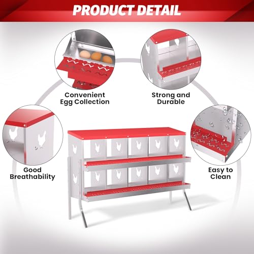 Galvanized Steel Chicken Nesting Box Set, 10-Compartment with Frame, Heavy-Duty Metal Egg Laying Station for Poultry Coop, Easy Clean Hens Nest with Vented Perforations - size: 10 Holes with Legs
