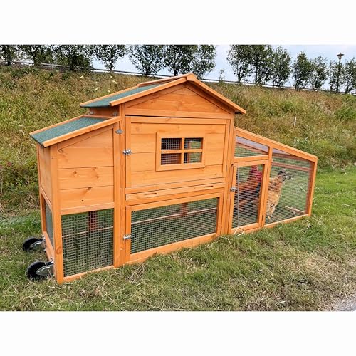 Mobile Chicken Coop with Wheels, Portable Hen House for 4-6 Chickens, Wood Outdoor Poultry Cage with Large Run, Waterproof Asphalt Roof, Side Nesting Box and Easy Clean Slide-Out Tray