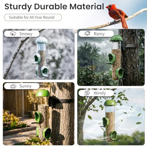 ‌LONA 2 Pack Tube Bird Feeders, Weatherproof Design with 3 Feeding Ports | Easy-fill Top Design, 2 Ways for Hanging, Suits Mixed Seeds, Squirrel-Proof Bird Feeder for Backyard/ Garden/ Patio, Green - size: 3 Ports ×2
