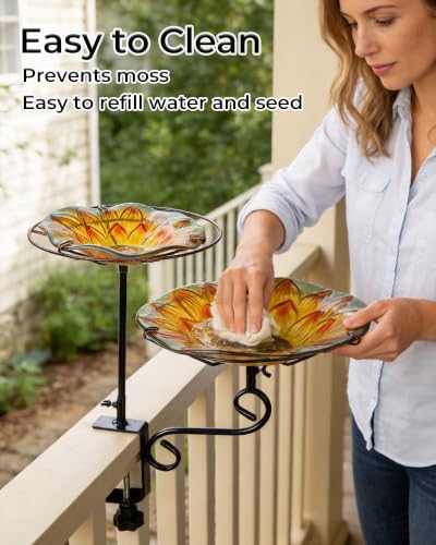 Glass Deck Mounted Bird Bath with Feeder for Balcony Yellow | Adjustable Clamp Fits Various Railings, 11" Bowl for Bird Lovers on Patios & Small Outdoor Spaces, Easy Setup, Great Gift