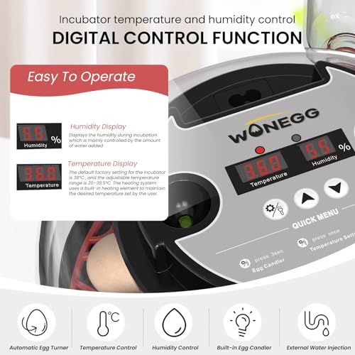 12 Egg Incubator for Hatching Chicken/Quail/Duck Eggs, Auto Turning, Digital Humidity/Temp Control, LED Candler, Auto Water Refill, 360° View (Smart Sensor) - color: Onyx Crimson