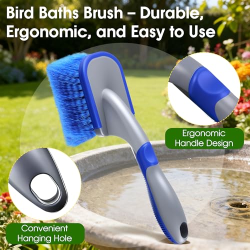Bird Bath Cleaner, Hummingbird Feeder Cleaning Brushes, Non Scratch Scrub Brush with Large Ergonomic Handle and PVC Bristles for Bird Feeder, Bath Accessories, Fountain, Concrete Outdoor Cleaning