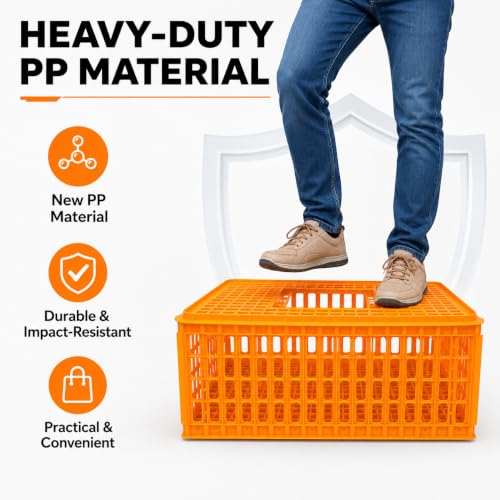 4 Pcs Poultry Carrier Crates, 29 x 21 x 13 in | Sturdy ventilated plastic transport boxes for chickens, ducks, geese, birds, farms, backyard coops, and hatcheries
