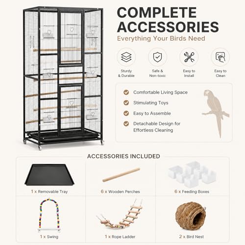 57.4" Extra Large Bird Cage for Parrots, Flight Cage with Rolling Stand, 6 Perches, Feeding Cups, Removable Tray & Play Accessories, Metal Aviary Cage for Parakeets, Macaws, Cockatoos(Black)