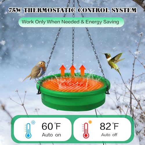 HRAYLTOP Hanging Heated Bird Bath for Outdoors for Winter, 75W Heated Bird Baths with Detachable Power Cord,Thermostatic Control Available All Seasons for Garden Yard Patio Lawn（Green）