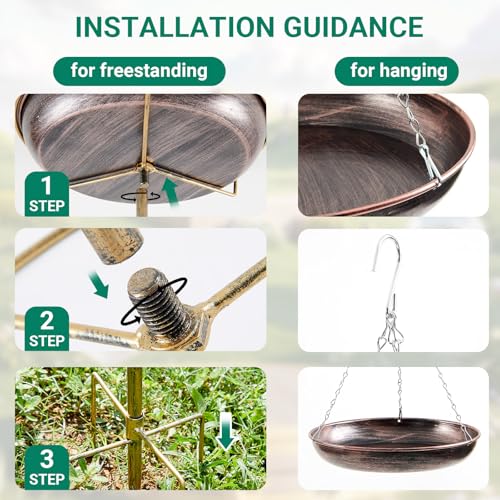 Glooglitter 32" H*12" W Bird Bath with Solar Fountain Fountain Hanging & Freestanding 2 in 1 Outdoor Garden Decor Metal Ground Stake with Solar Pump for Birds Patio Yard 1 Gallon Antique Bronze