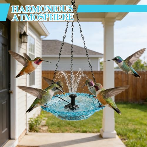 Hanging Bird Bath Fountain, Cascading Outdoor Birdbath with Glass Bowl, USB-Powered Water Feature for Garden, Patio, Yard Decor, Attracts Hummingbirds & Wild Birds