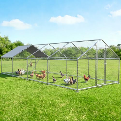 26.3x9.7 FT Extra Large Metal Chicken Coop, Walk-in Poultry Run | Weatherproof Cover, Reinforced Metal Frame, Walk-in Chicken Run, Outdoor Poultry Cage for Hens Ducks Rabbits - size: 315.2"L x 118"W x 78"H