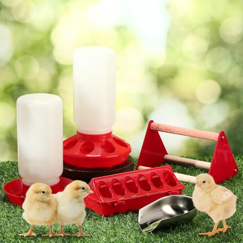 Honeydak 14 Pcs Chick Starter Kit Baby Chick Feeder and Waterer Set – Flip Top Poultry Feeder, 1l Water Dispensers, Perches, Gloves & Metal Feed Shovel for Ducklings, Quails Farming Supplies